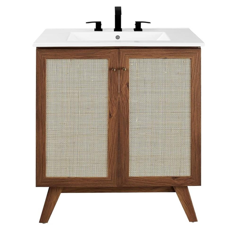 Soma 30" Walnut and White Rattan Bathroom Vanity