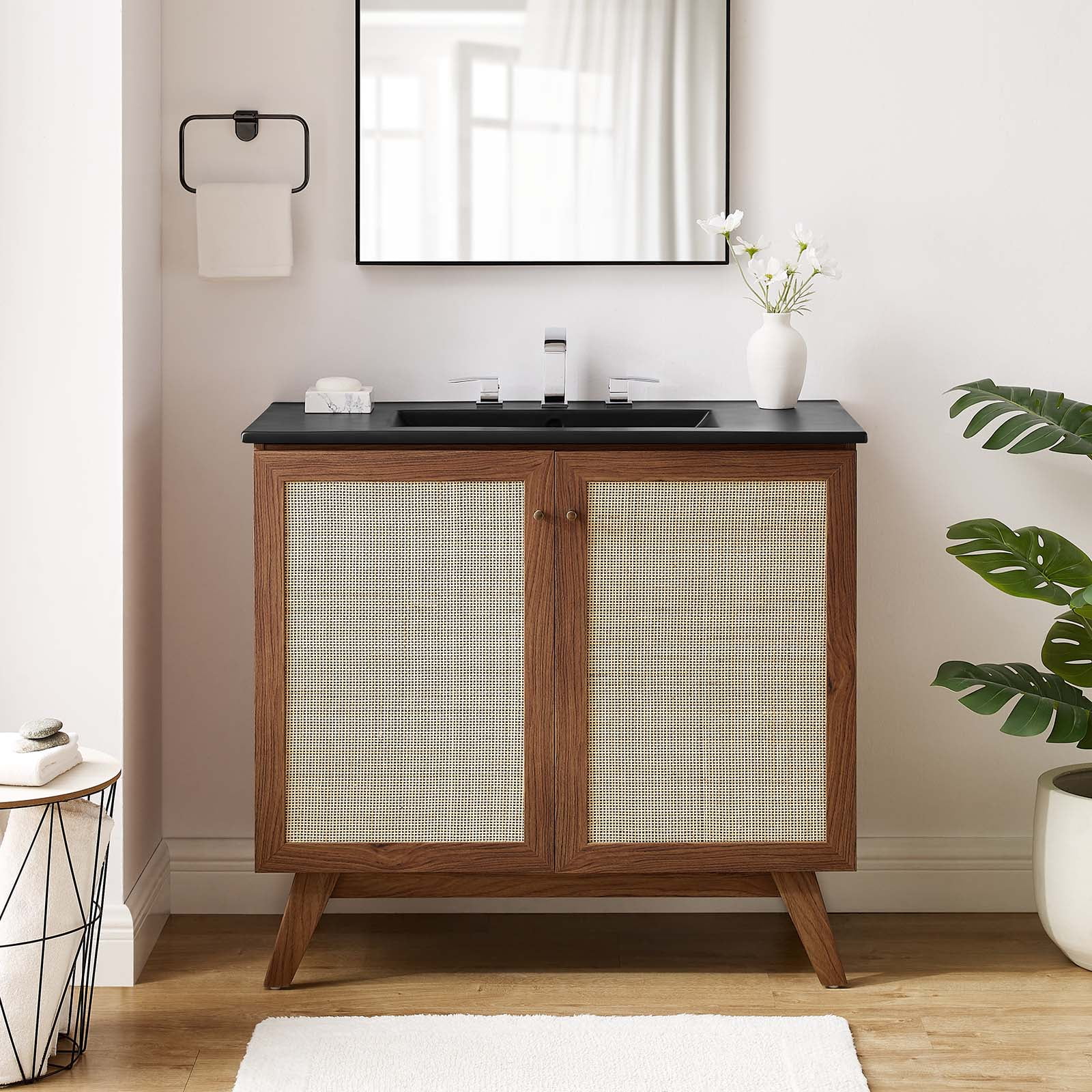 Soma 36'' Walnut Black Freestanding Bathroom Vanity with Rattan Weave