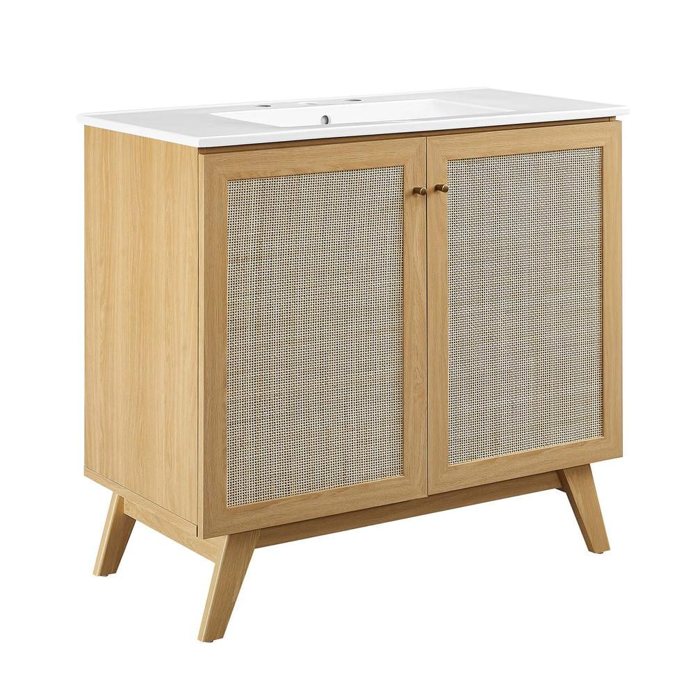 Soma 36'' Oak and White Freestanding Bathroom Vanity with Rattan Doors