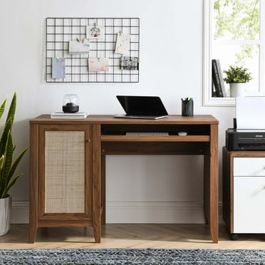 Modway Soma 47" Natural Rattan and MDF Wood Office Desk in Walnut