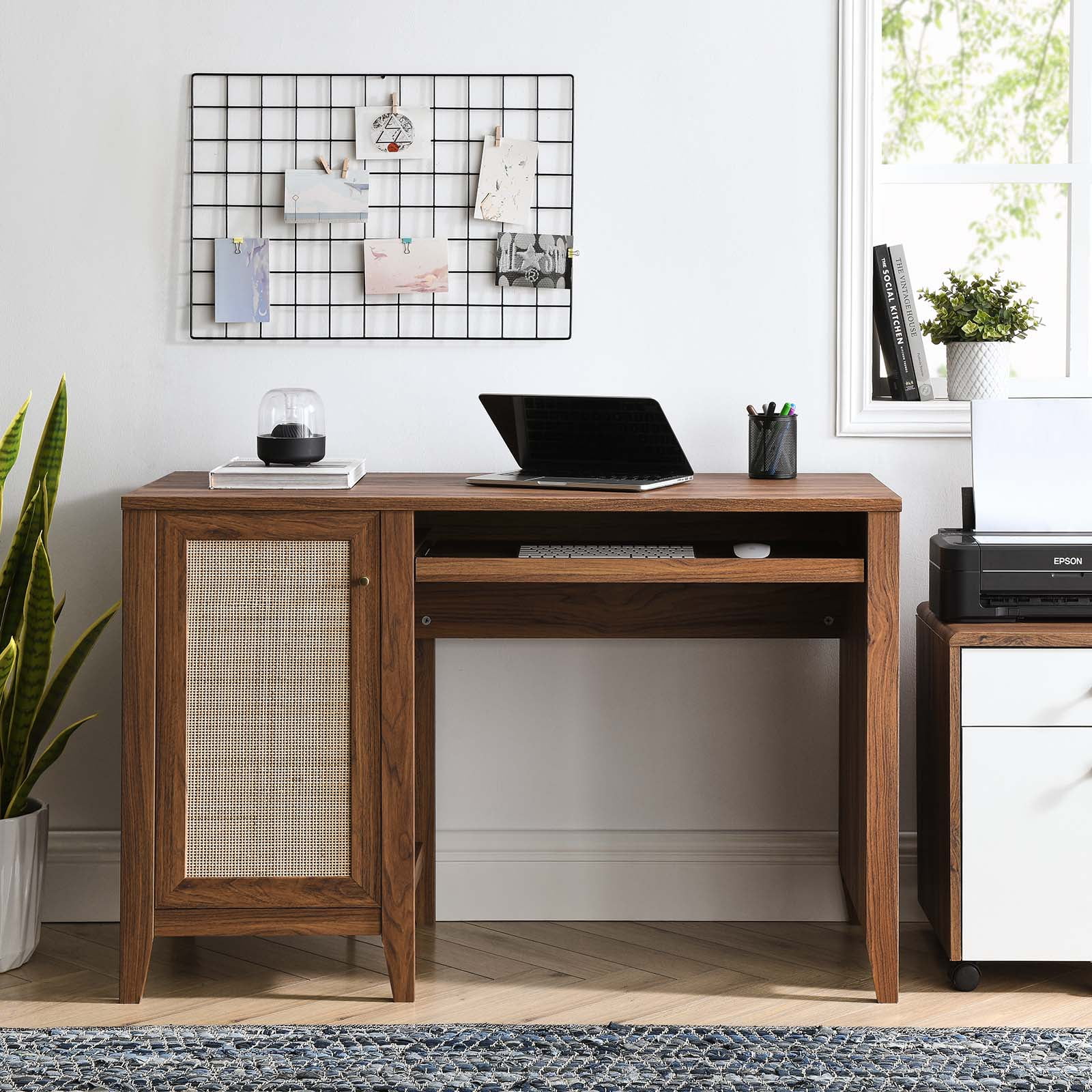 Walnut Wood Office Desk with Rattan Door and Keyboard Tray