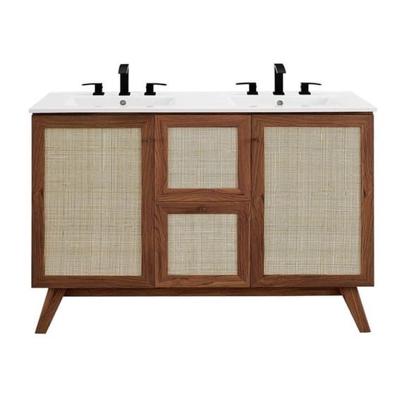 Modway Soma 48" Double Sink Modern Wood Bathroom Vanity in Walnut/White