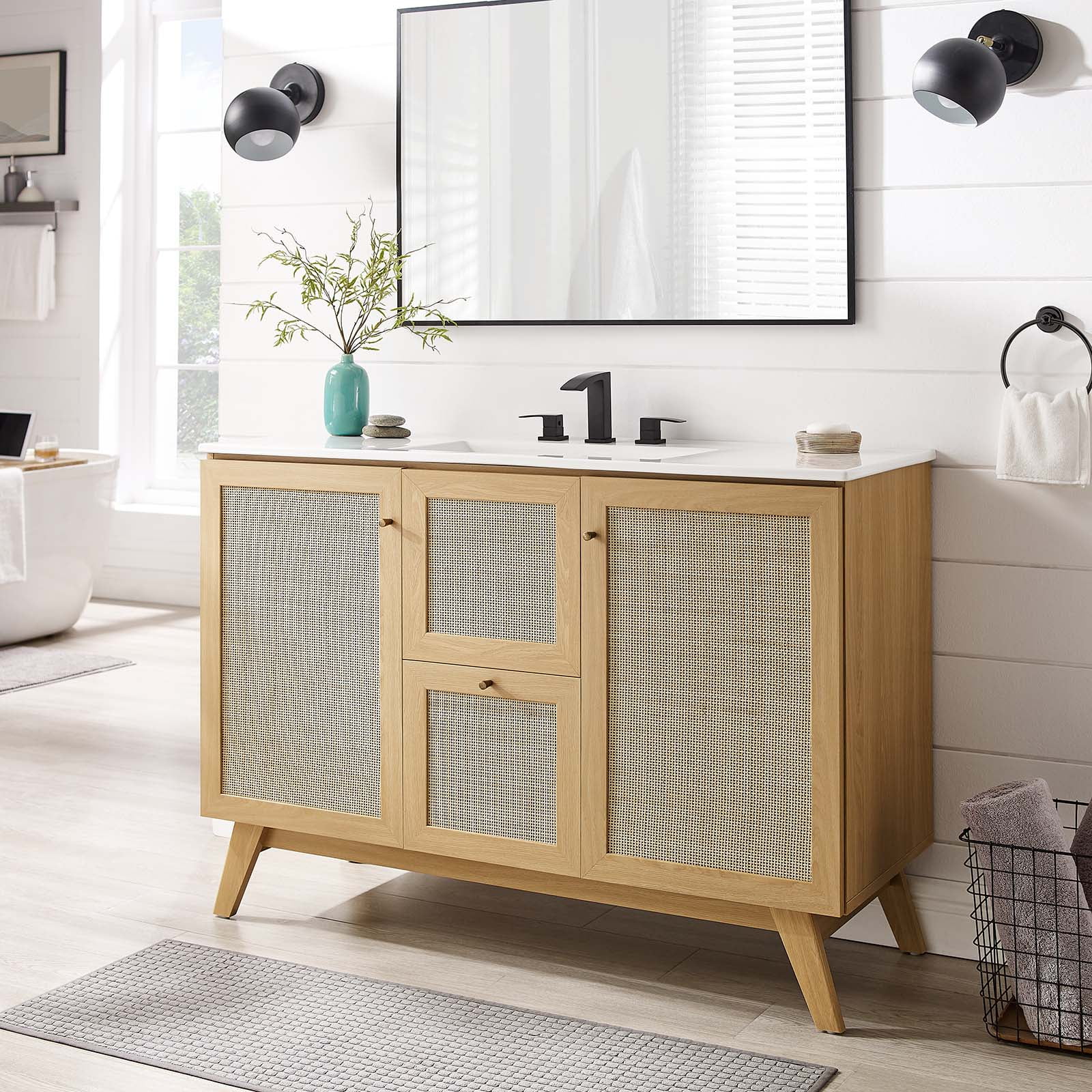 Soma 47'' Oak Freestanding Double Bathroom Vanity with Rattan Weave