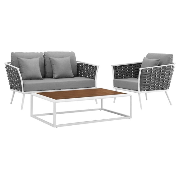 Modway Stance 3 Piece Outdoor Patio Aluminum Sectional Sofa Set in White Gray