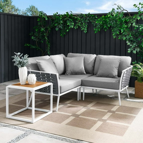 Modway Stance 4 Piece Outdoor Patio Aluminum Sectional Sofa Set in White Gray