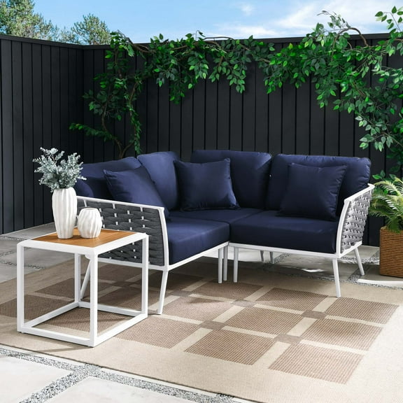 Modway Stance 4 Piece Outdoor Patio Aluminum Sectional Sofa Set in White Navy