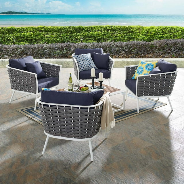 Modway Stance 5 Piece Outdoor Patio Aluminum Sectional Sofa Set in White Navy