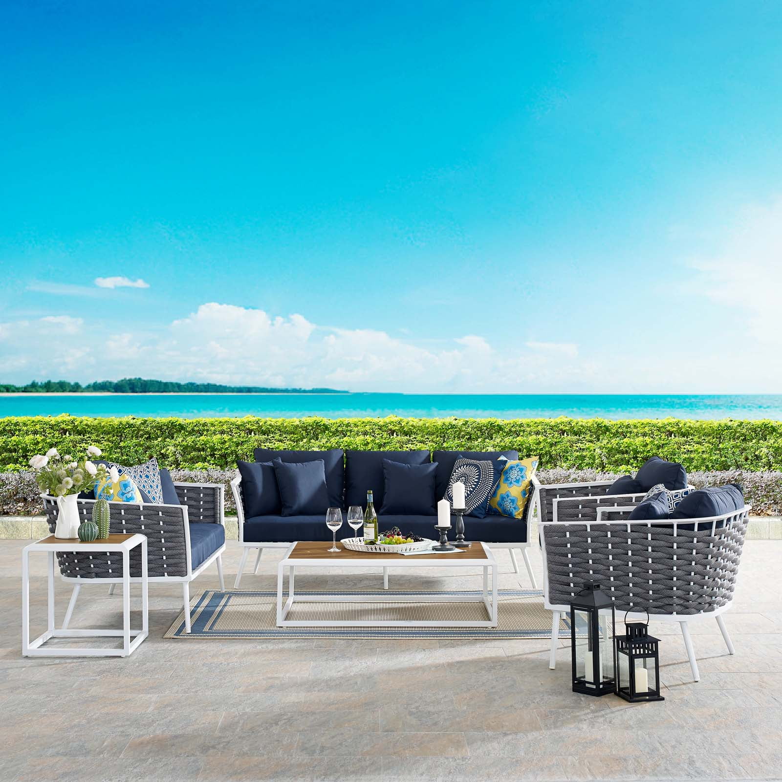 White and Navy Aluminum 7-Piece Outdoor Sectional Sofa Set