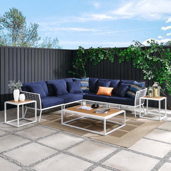 Modway Stance 8 Piece Outdoor Patio Aluminum Sectional Sofa Set in White Navy