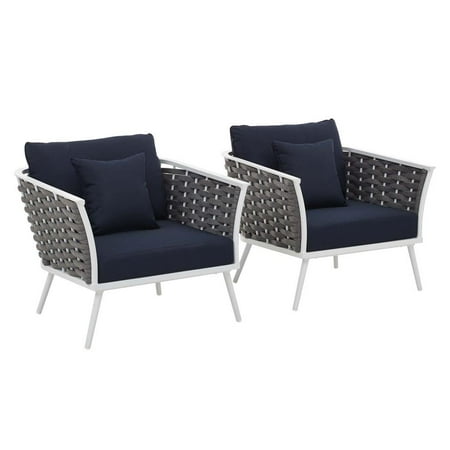 Modway Stance Aluminum & Fabric Patio Chair in White and Navy (Set of 2)