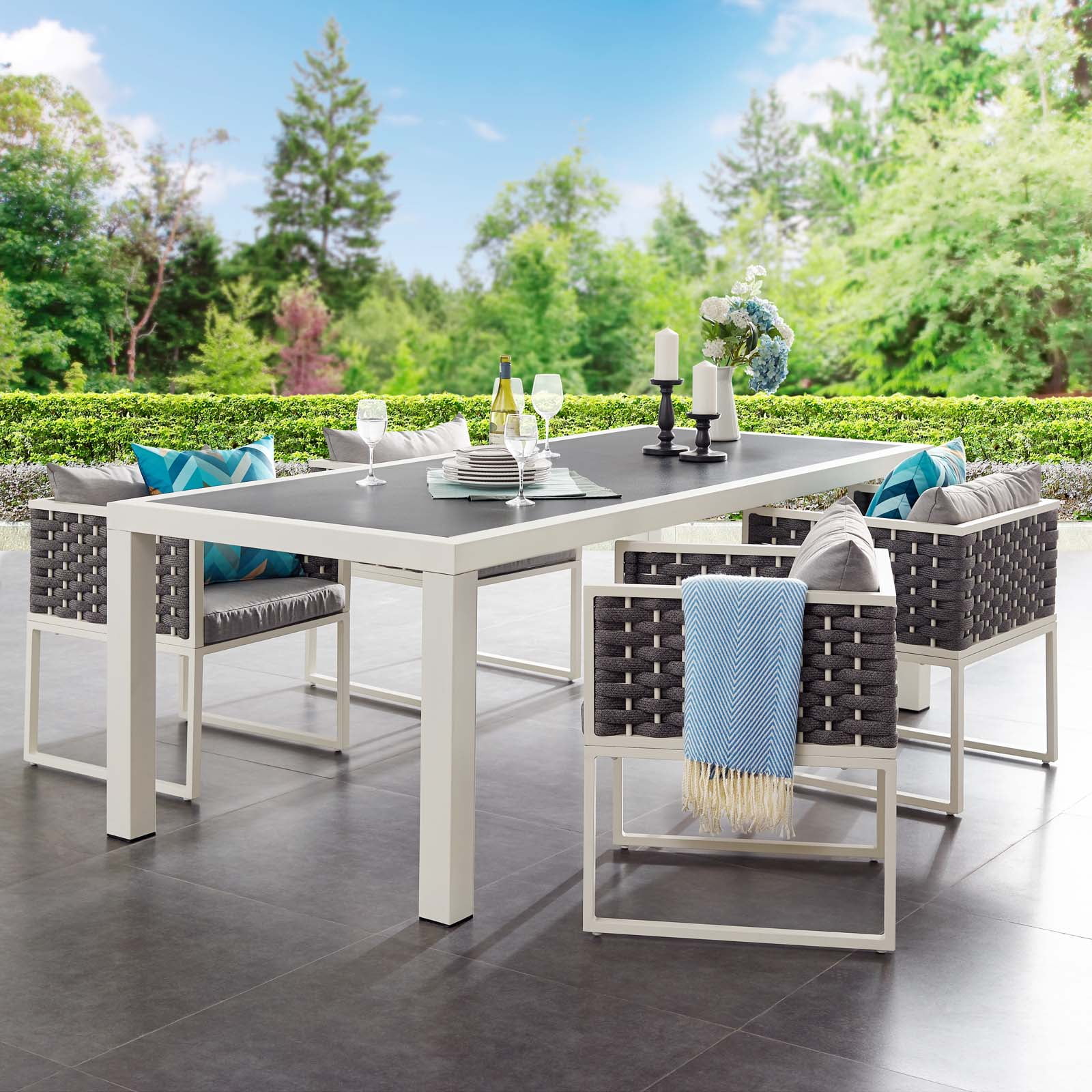 Stance Modern 90.5" White Aluminum Outdoor Dining Table with Spray Stone Glass Top