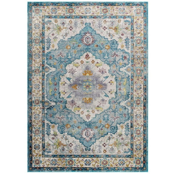 Modway Success 94.5x122" Anisah Floral Medallion Rug in Light Blue and Ivory