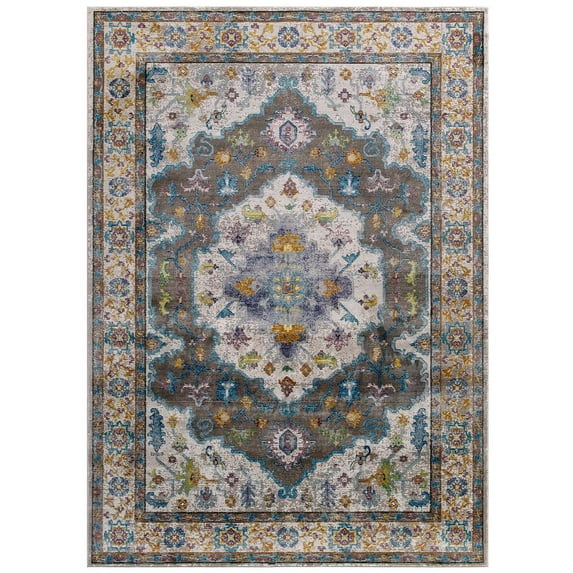 Modway Success Anisah Distressed Floral Vintage Medallion 8x10 Area Rug in Gray, Ivory, Yellow, Orange