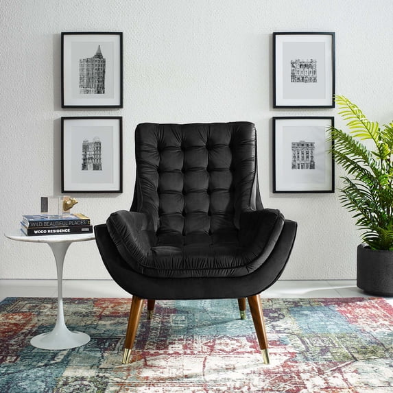 Modway Suggest Button Tufted Performance Velvet Lounge Chair in Black