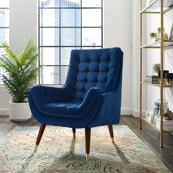 Modway Suggest Button Tufted Performance Velvet Lounge Chair in Navy