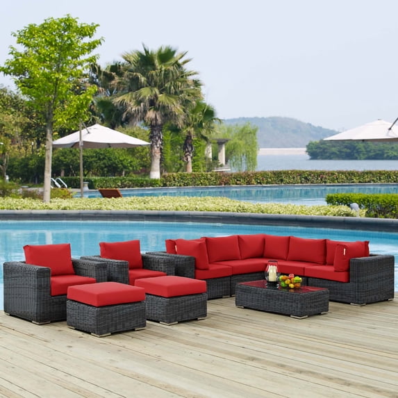 Modway Summon 10-Piece Aluminum and Rattan Patio Sectional Set in Canvas/Red