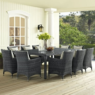 Modway Summon 11 Piece Outdoor Patio Sunbrella® Dining Set in Antique Canvas Beige
