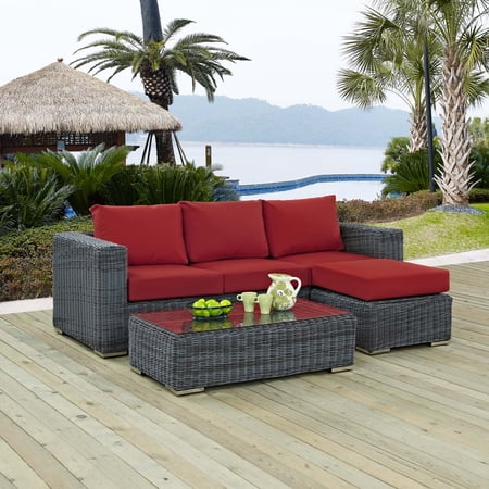 Modway Summon 3-Piece Aluminum Rattan Patio Sectional Set in Canvas/Red