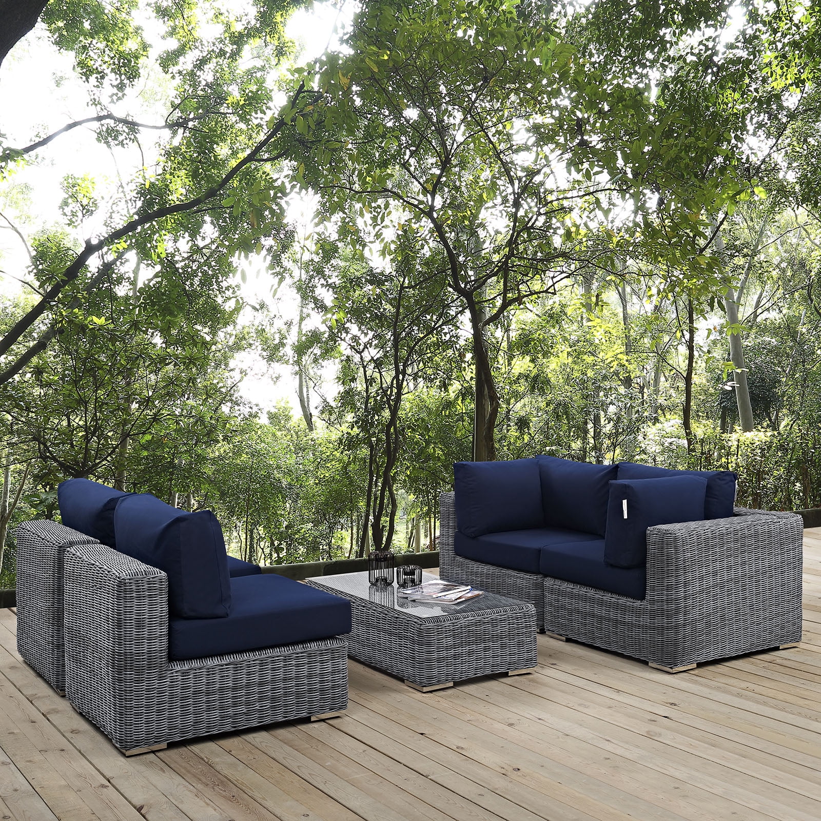 Navy and Gray 5-Piece Outdoor Patio Sectional Set