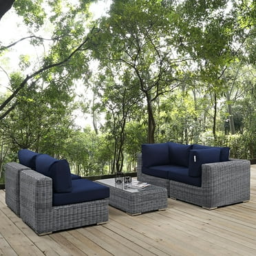 Modway Summon 5-Piece Aluminum Rattan Patio Sectional Set - Canvas/Navy