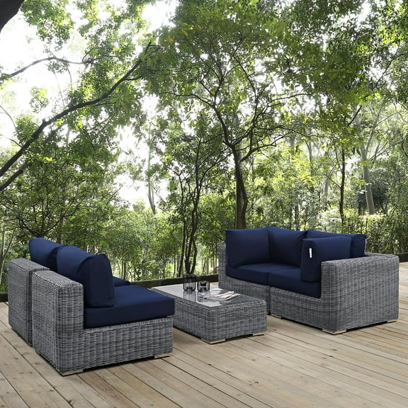 Modway Summon 5 Piece Outdoor Patio Sunbrella® Sectional Set in Canvas Navy