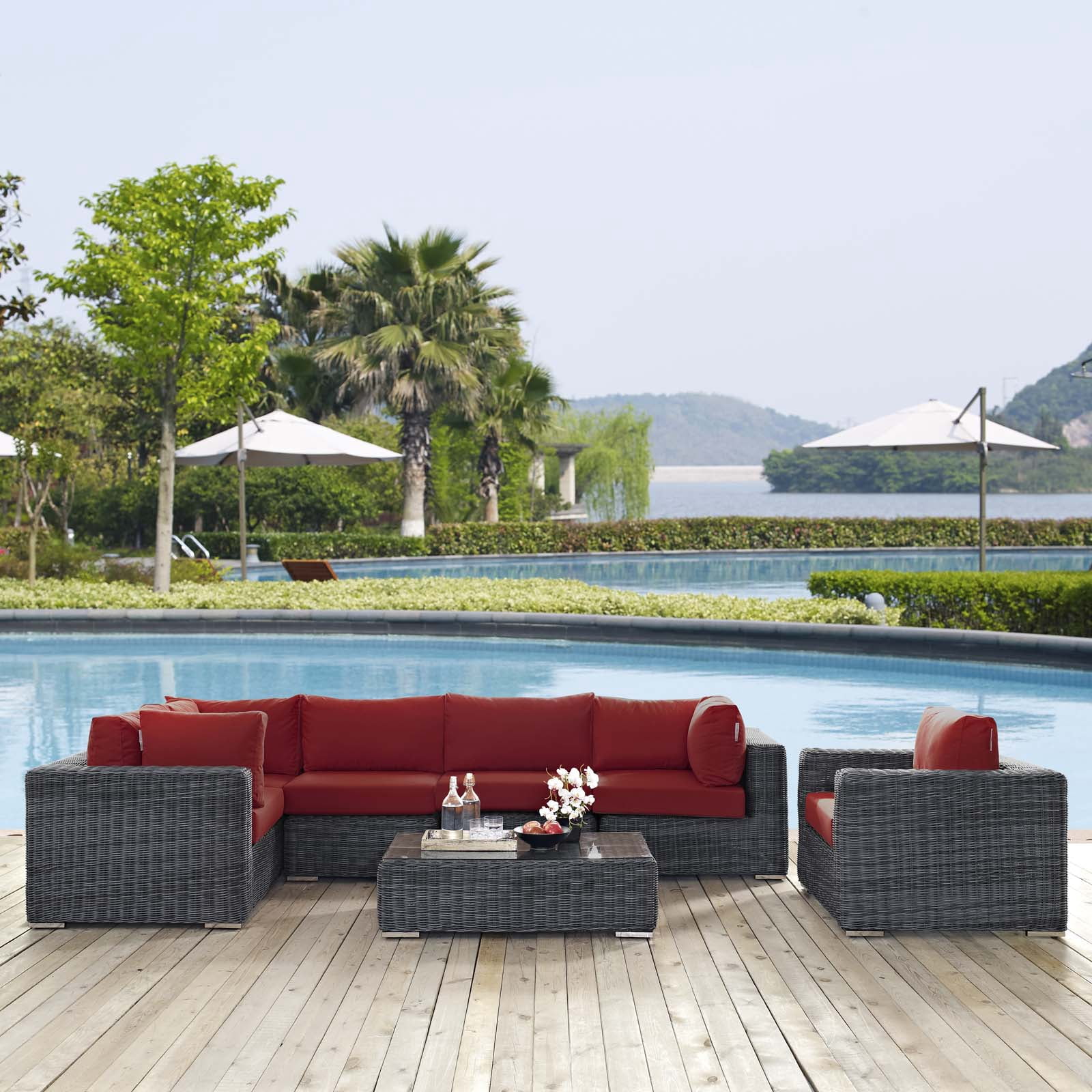 Modway Summon 7-Piece Aluminum Rattan Patio Sectional Set in Canvas/Red