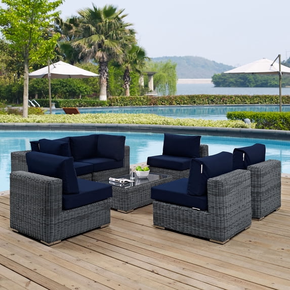 Modway Summon 7-Piece Aluminum and Rattan Patio Sectional Set in Canvas/Navy