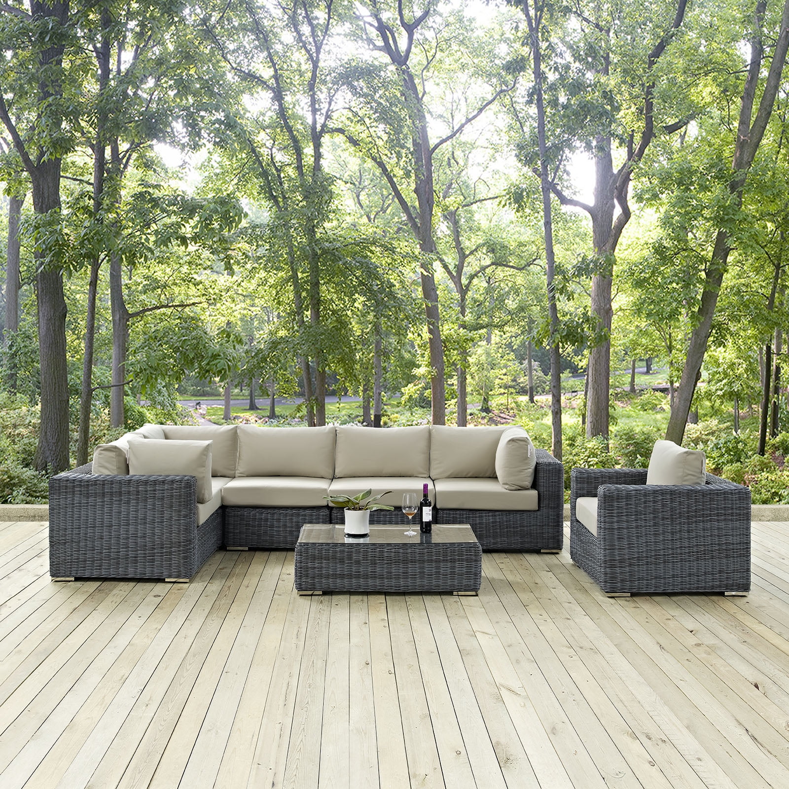 Summon 7-Piece Beige Sunbrella Outdoor Patio Sectional Set