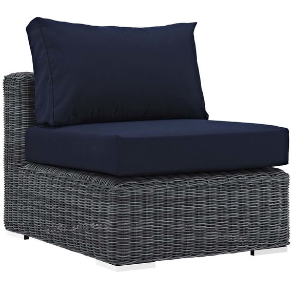 Modway Summon Aluminum and Rattan Patio Armless Sofa Chair in Canvas/Navy