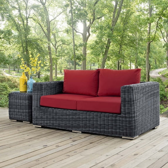 Modway Summon Aluminum and Rattan Patio Loveseat in Canvas/Red