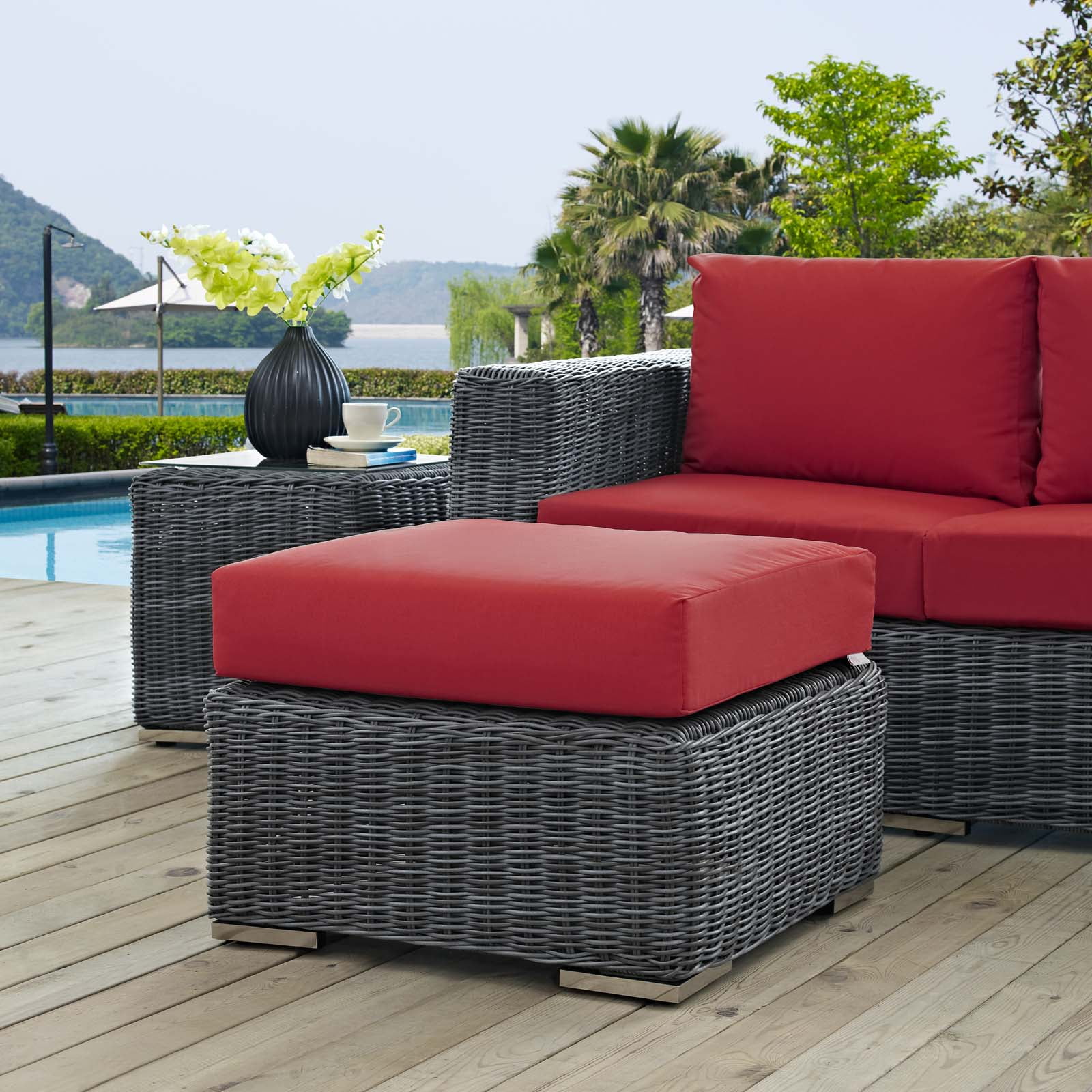 Summon Red Wicker Outdoor Patio Ottoman with Sunbrella Cushion