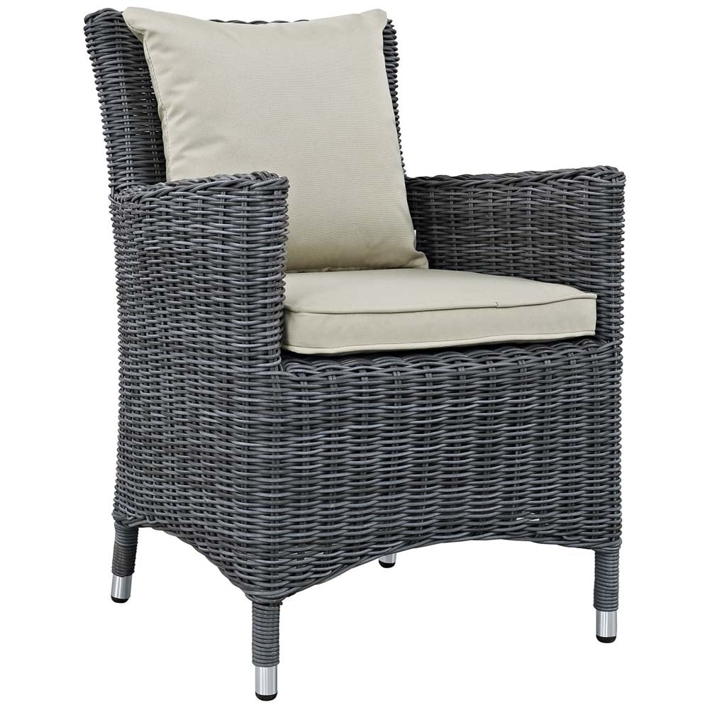 Antique Canvas Beige Wicker Rattan Outdoor Dining Chair with Cushions