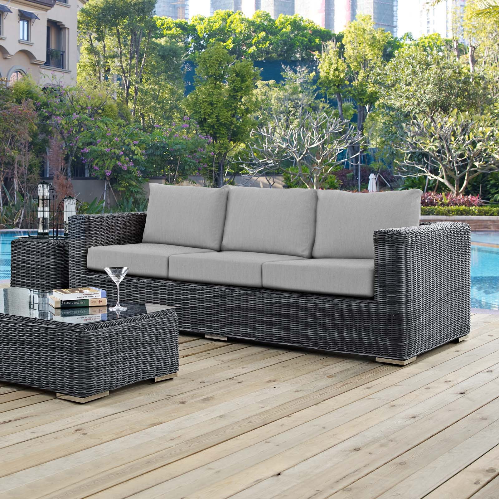 Gray Wicker and Aluminum Outdoor Sectional Sofa