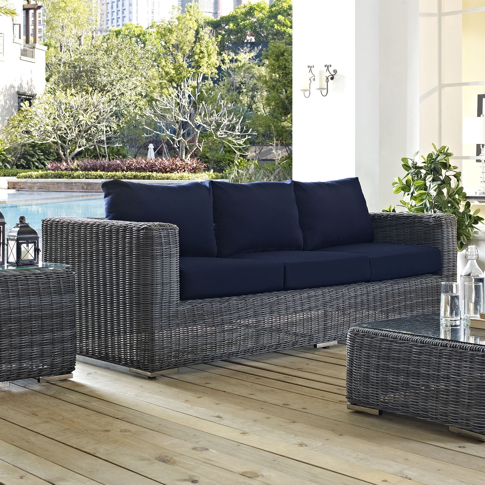 Navy Canvas Wicker Outdoor Sectional Sofa with Aluminum Frame