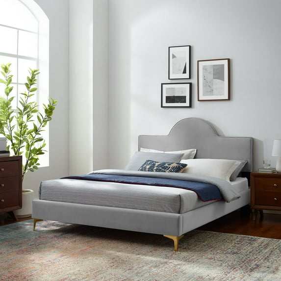 Modway Sunny Performance Velvet Queen Bed in Light Gray