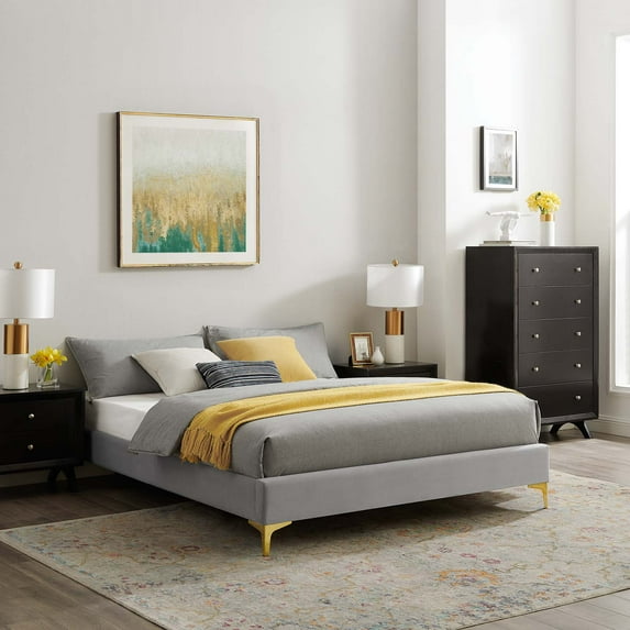 Modway Sutton Queen Performance Velvet Bed Frame in Light Gray