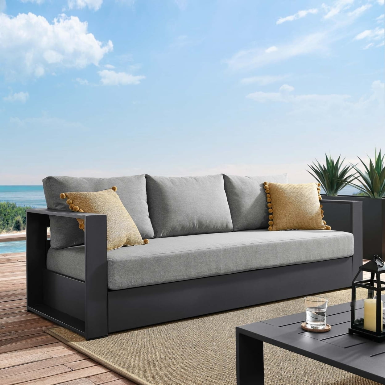 Gray Powder-Coated Aluminum Outdoor Sofa with Cushions