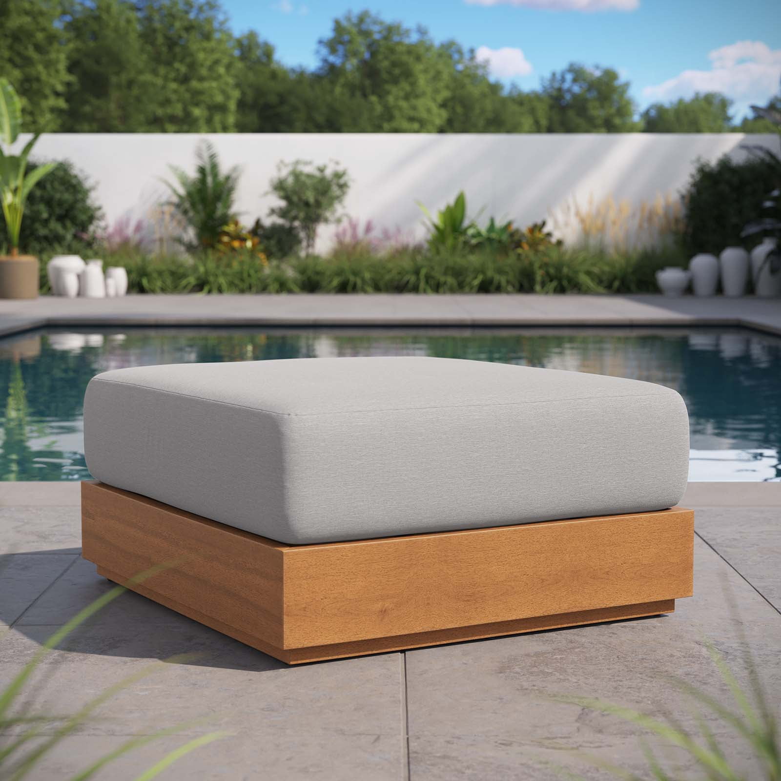 Modway Tahoe Outdoor Patio Acacia Wood Ottoman in Natural Light Gray ...