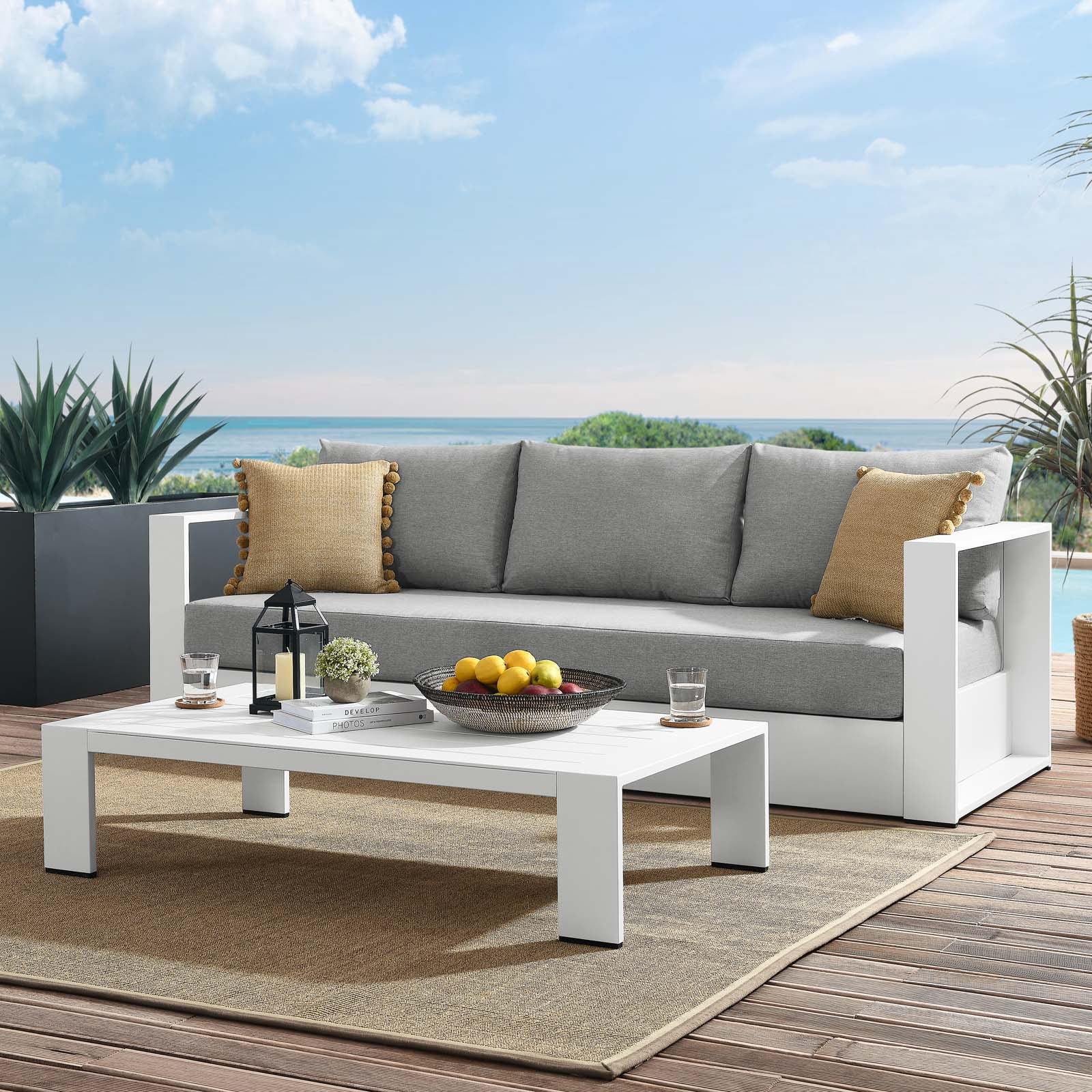 Tahoe White and Gray Aluminum Outdoor Patio Sofa Set
