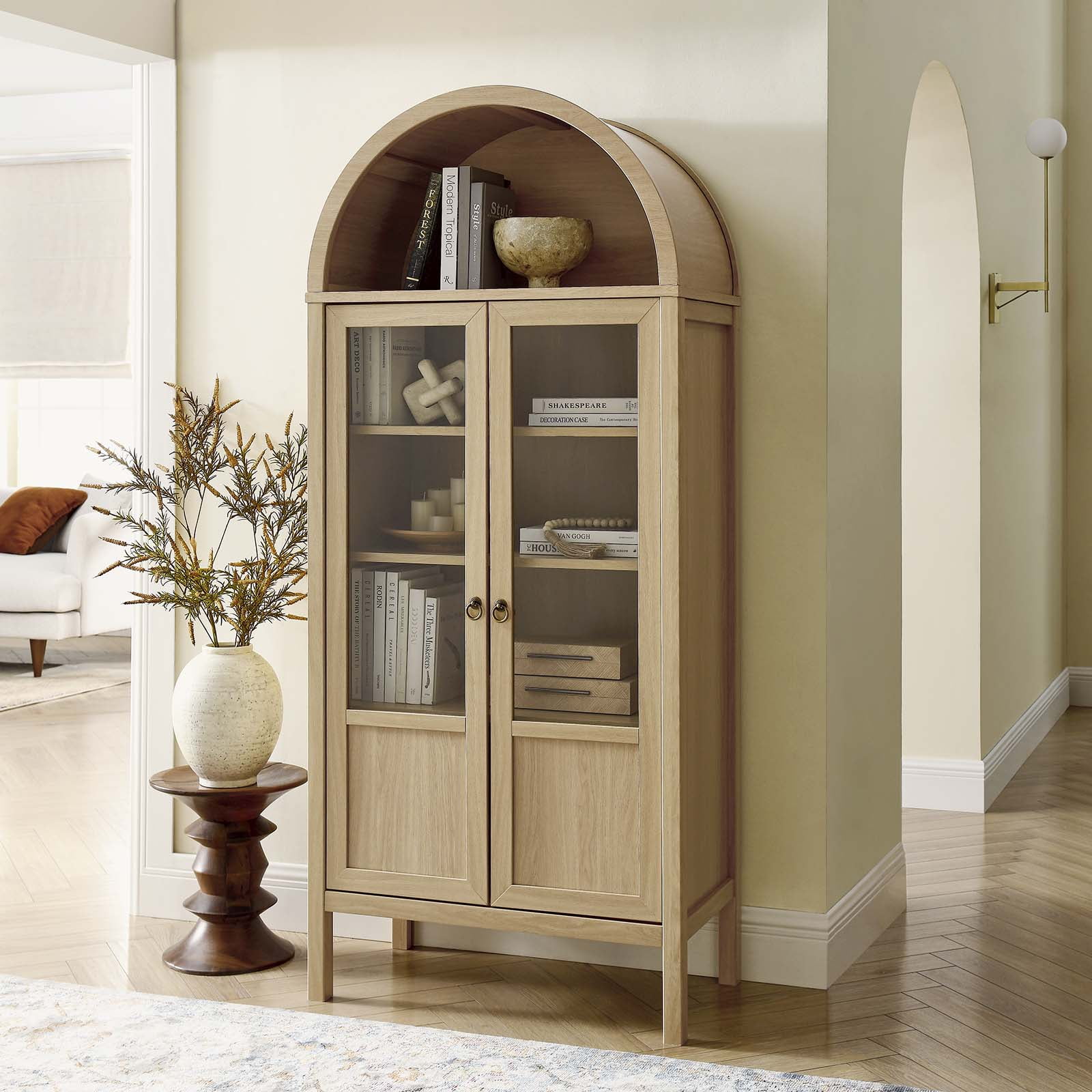 Modway Tessa Wood Tall Storage Display Cabinet with Rounded