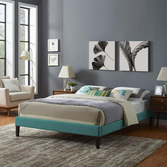 Modway Tessie Full Polyester Fabric Bed Frame with Squared Tapered Legs in Teal