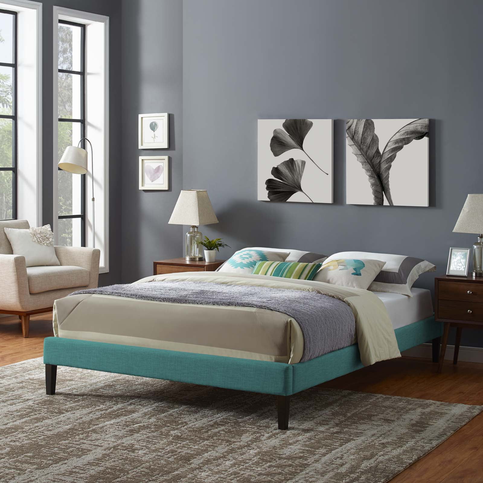Teal Upholstered King Platform Bed with Wood Slats
