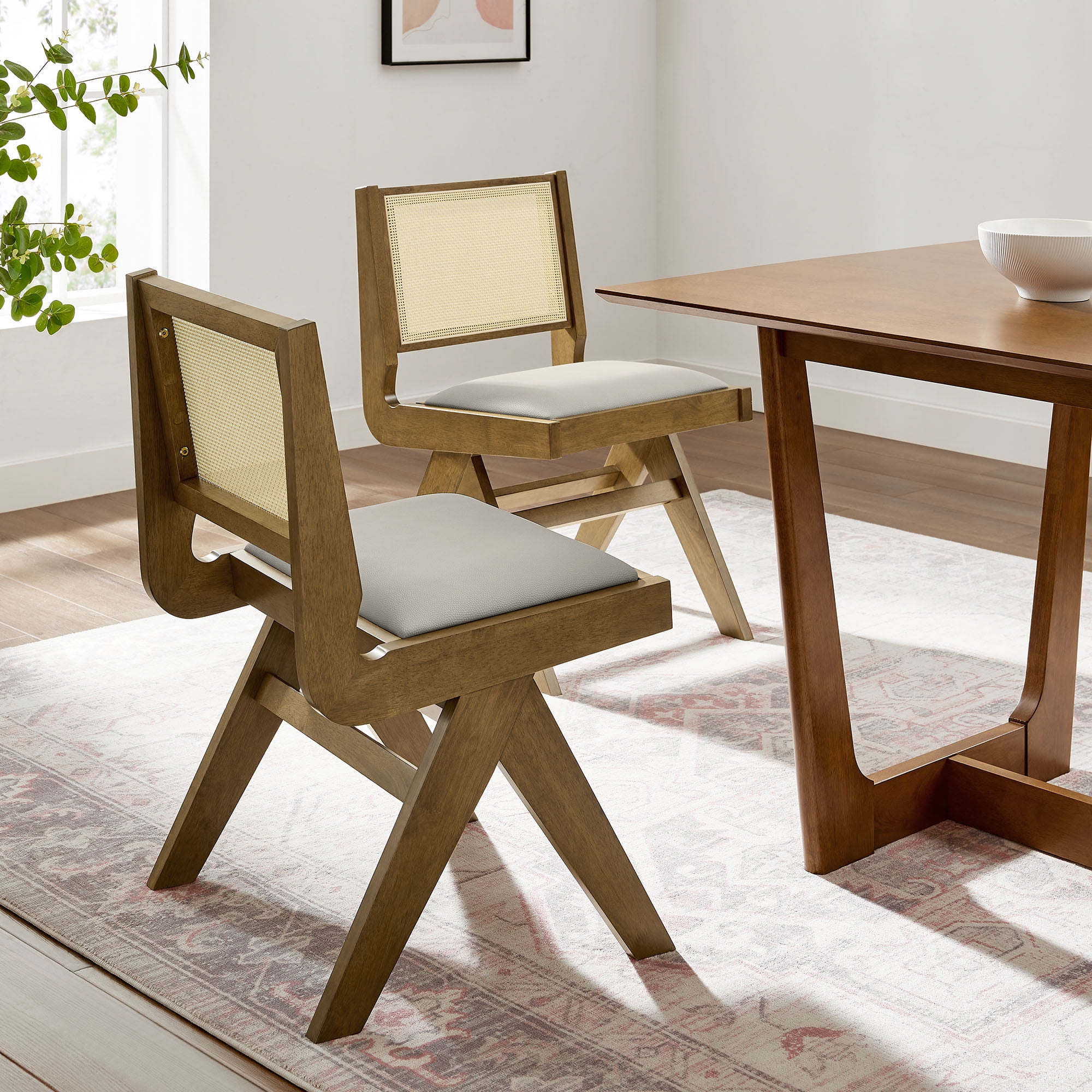 Weathered Oak Stone Side Chair with Cane Back and Faux Leather Seat