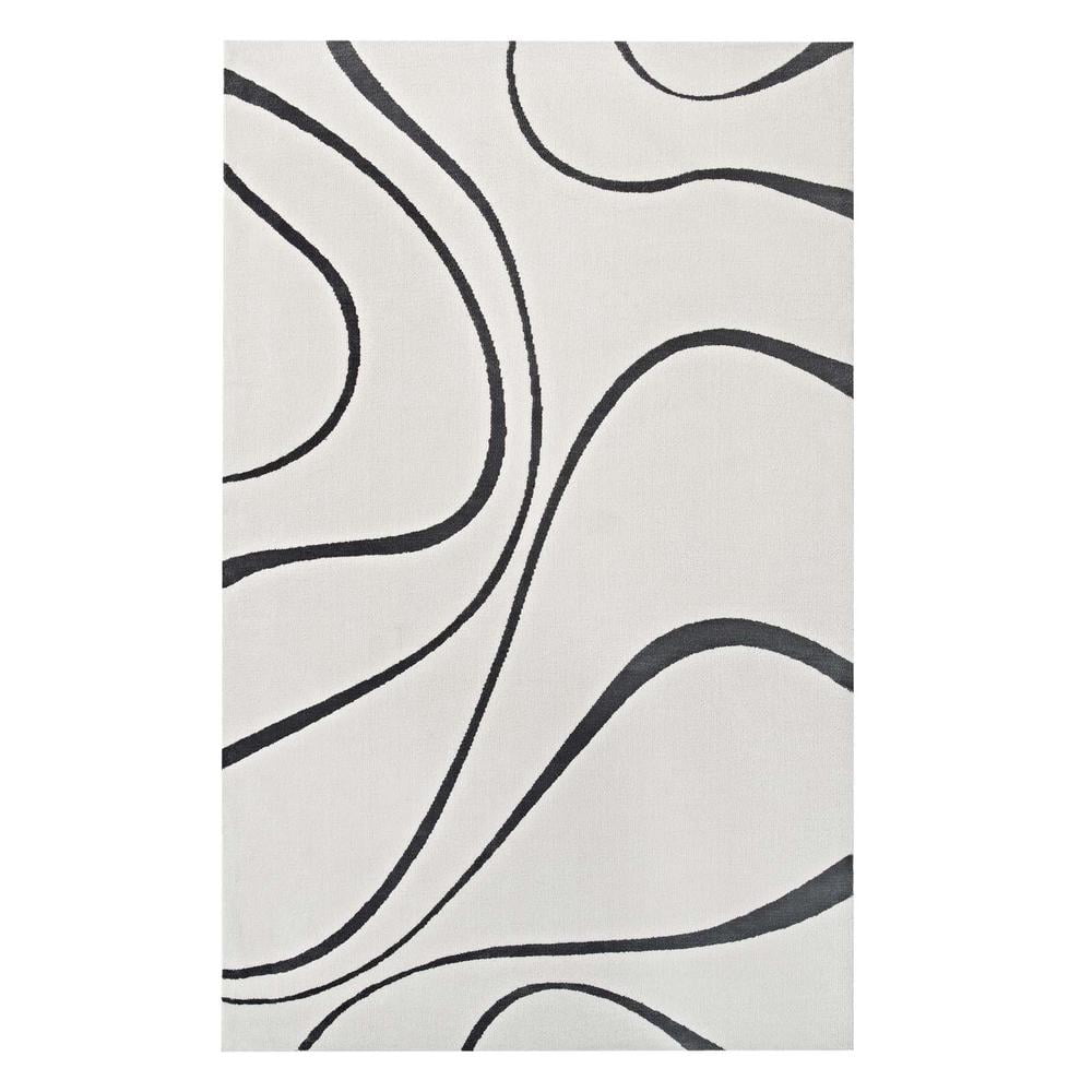 Ivory and Charcoal Abstract Swirl 5' x 8' Synthetic Area Rug