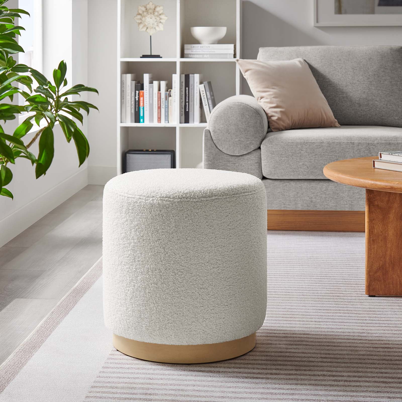 Ivory Sherpa Upholstered Round Ottoman with Rubberwood Base