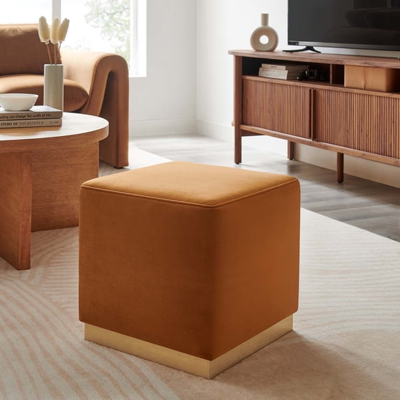 Tilden 17" Square Performance Velvet Upholstered Ottoman in Rust Natural