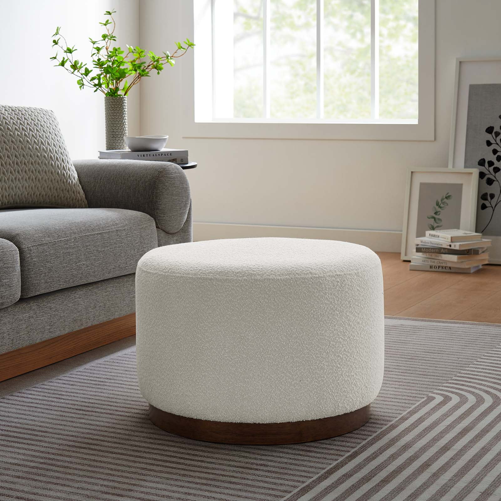 Tilden 23" Round Boucle Upholstered Ottoman with Walnut Base
