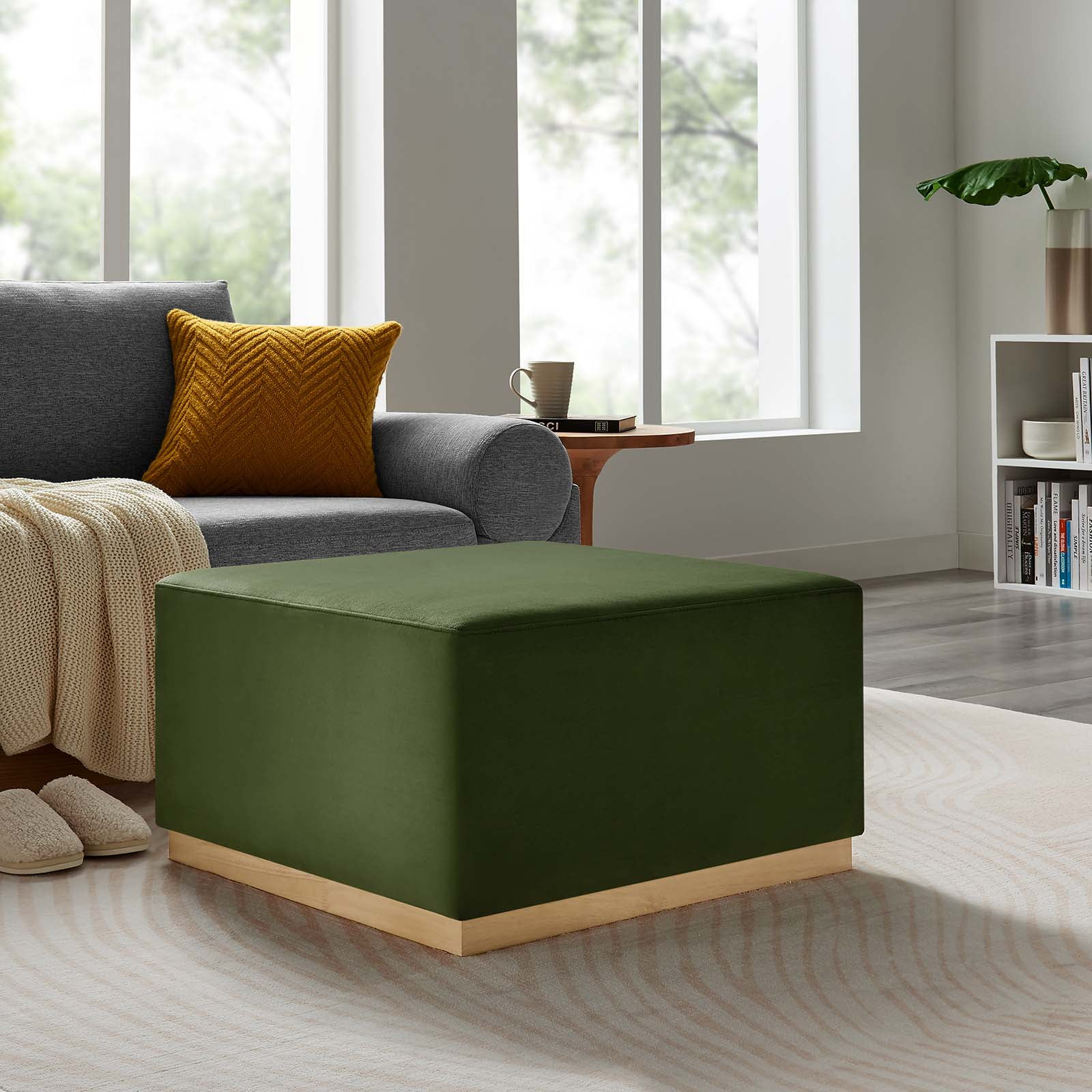 Tilden Moss Green Velvet Square Ottoman with Rubberwood Base