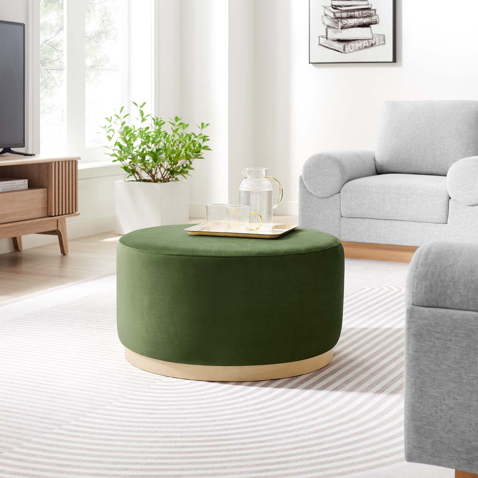 Moss Green Velvet Round Ottoman with Rubberwood Base