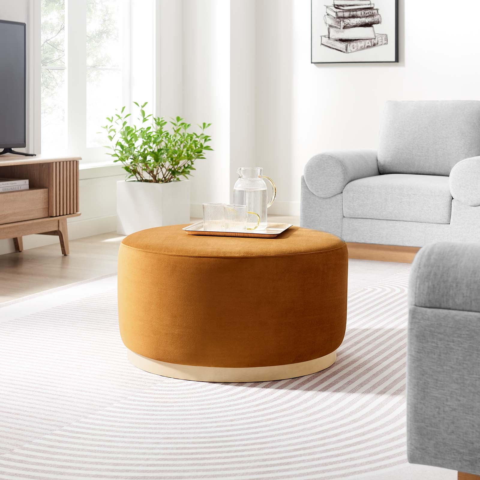 Tilden Large Round Rust Velvet Upholstered Ottoman with Rubberwood Base